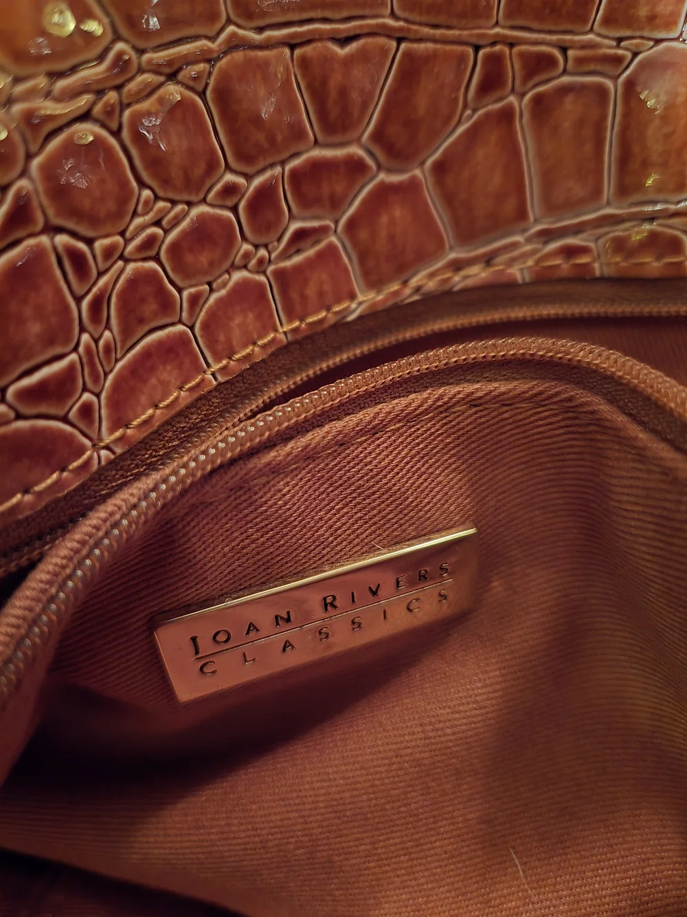 Joan Rivers Classics Faux Crocodile Handbag in Cognac.  Good Condition. 11x14x5